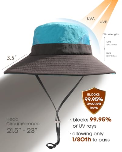Womens Sun Hat with Ponytail Hole Beach Hiking Summer Wide Brim UPF 50+ Outdoor Protection Foldable Bucket Hat Blue