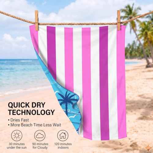 2 Pack Microfiber Beach Towels Oversized 71x32 Blue Pink Striped (2 Count)