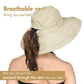 Womens Sun Hat with Ponytail Hole Cotton Shapeable Wide Brim