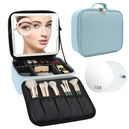 Travel Makeup Bag with LED Mirror and 10x magnifying glass with 3 Lighted Settings
