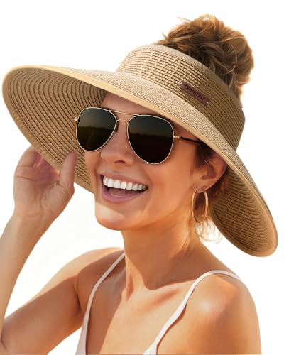 Womens Sun Hat with Ponytail Hole Wide Brim Beach Straw Visor Khaki