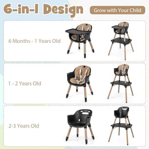 6-in-1 High Chair, Convertible Highchair for Babies and Toddlers/Kids Chair Table Set/Infant Feeding Chair w/Safety Harness, PU Leather Cushion & Removable Food Tray (Coffee)