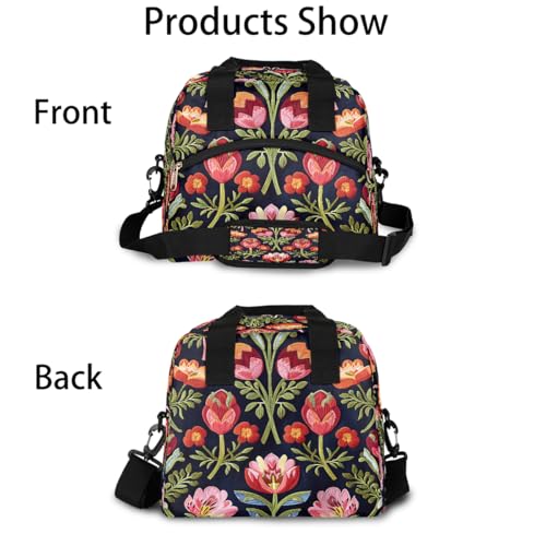 Red Flower Floral Insulated Lunch Bag for Women Girl Reusable Lunch Tote Box With Shoulder Strap Lightweight Thermal Cooler Meal Prep Bag for Work School Office Picnic (A05:flower)