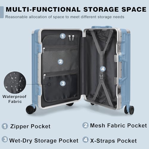 Carry On Luggage PC+ABS Aluminum Frame Zipperless Luggage Hard Shell Suitcase with TSA Lock Double Spinner Wheels 20 Inch Haze Blue