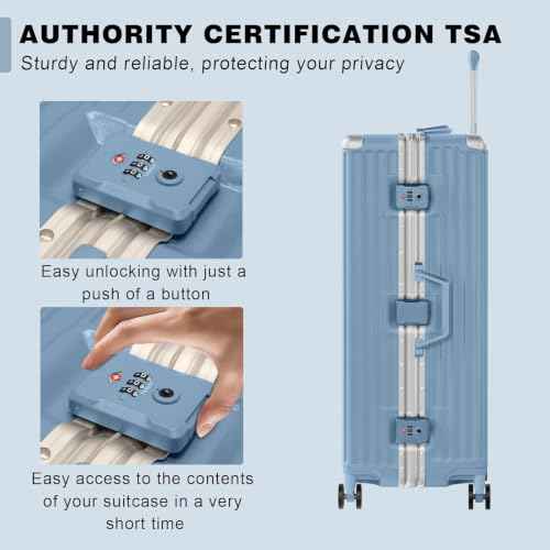 Luggage PC+ABS Aluminum Frame Zipperless Checked Luggage Hard Shell Suitcase TSA Lock Double Spinner Wheels 28 Inch Haze Blue