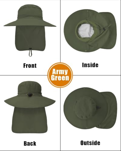 Outdoor Sun Hats with Stowable Neck Flap for Men Women UPF 50+ Mesh Summer Bucket Hat Wide Brim for Fishing Safari Hiking Army Green