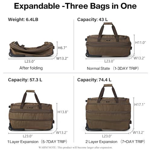 Expandable Carry On Luggage Suitcases with Wheels Foldable Duffle Bag for Travel Carry On suitcase Weekend Bag for Women Men（Coffee）