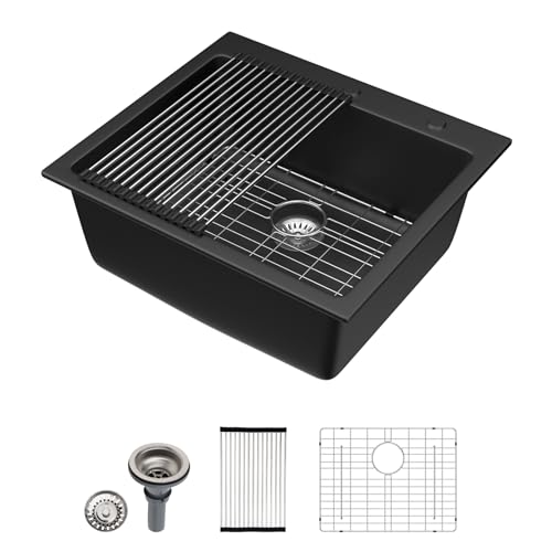 25" Quartz Sink Drop In Wet Bar Sink Black Prep Kitchen Sink Topmount Deep Single Bowl