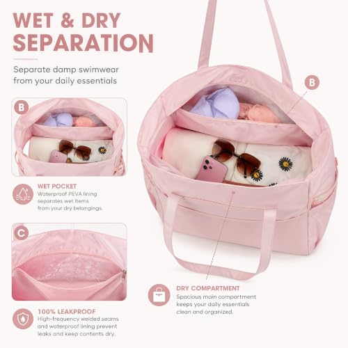 Waterproof Beach Tote Pool Bags for Women Ladies Extra Large Carry On Bag With Wet Compartment for Weekender Travel
