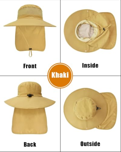 Outdoor Sun Hats with Stowable Neck Flap for Men Women UPF 50+ Mesh Summer Bucket Hat Wide Brim for Fishing Safari Hiking Khaki