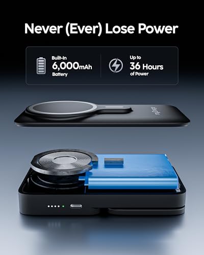 EcoHub 3-in-1 Magnetic Wireless Charger & Battery Pack for iPhone, iWatch, AirPods - 6,000mAh Battery | Built-in Wall Plug | 15W Magsafe Wireless Output | Foldable | Charging Station | Black
