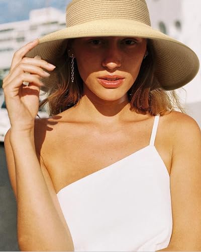 Women's Straw Sun Visor Hat UPF Wide Shade Ponytail Summer Hat
