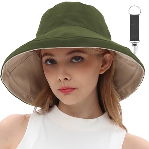 Womens Sun Hats Wide Brim Reversible Bucket Cotton Hat Packable Summer Travel Cap with Hat Clip