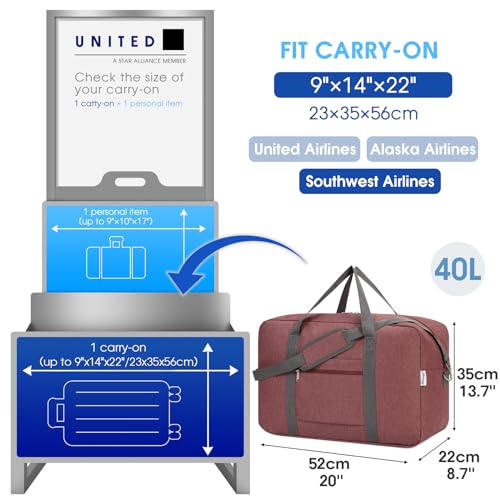 For United Airlines Foldable Carry on Bag 22x14x9 Travel Duffel Bag Packable luggage Duffle for Women and Men 40L