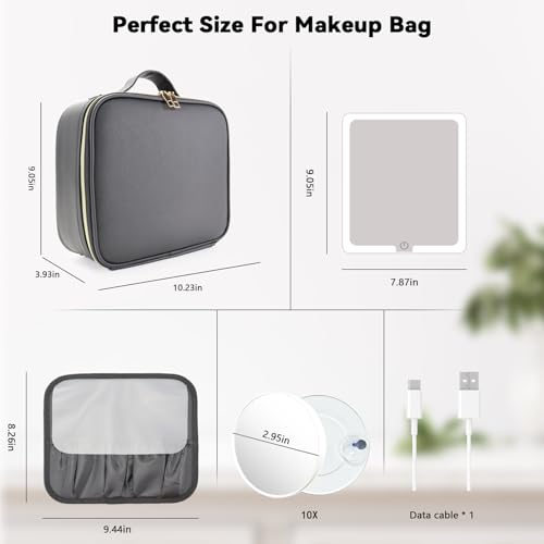 Travel Makeup Bag with LED Mirror and 10x magnifying glass with 3 Lighted Settings