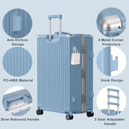 Luggage PC+ABS Aluminum Frame Zipperless Checked Luggage Hard Shell Suitcase with TSA Lock Double Spinner Wheels 24 Inch Haze Blue
