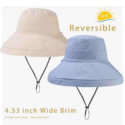 Womens Sun Hats Wide Brim Reversible Bucket Cotton Hat Packable Summer Travel Cap with Hat Clip