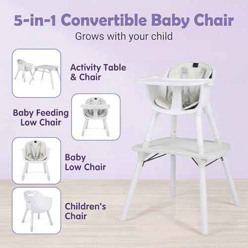 6-in-1 High Chair, Convertible Highchair for Babies and Toddlers/Kids Chair Table Set/Infant Feeding Chair w/Safety Harness, PU Leather Cushion & Removable Food Tray (White)