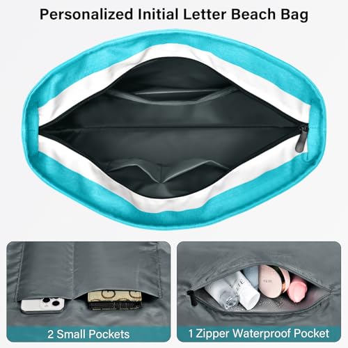 Beach Bag Initial Beach Tote with Makeup Bag for Travel