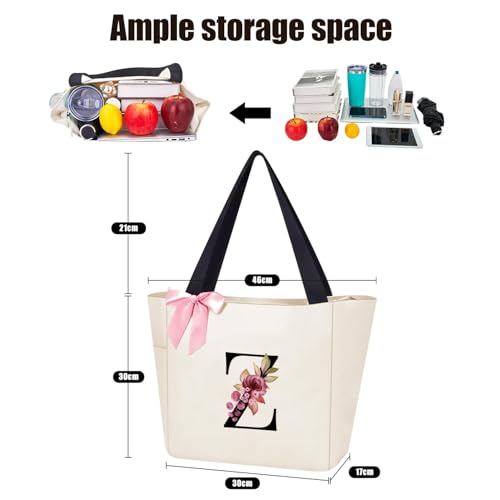 Tote Bag, A-Z Initial Monogrammed Waterproof Tote Bag, Bridesmaid Gifts for Women, Black and Pink (Z, Beige)