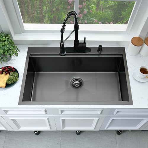 33x22 Black Drop In Kitchen Sink Workstation Stainless Steel Sink