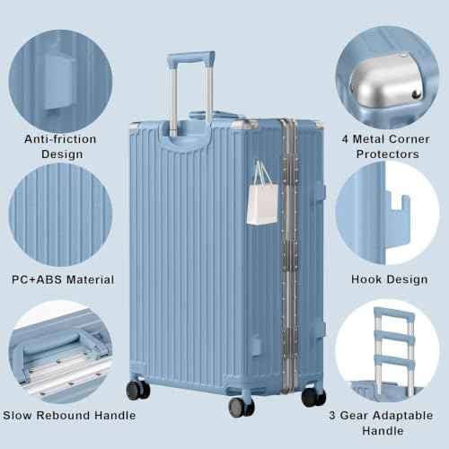 Luggage PC+ABS Aluminum Frame Zipperless Checked Luggage Hard Shell Suitcase TSA Lock Double Spinner Wheels 24 Inch Haze Blue