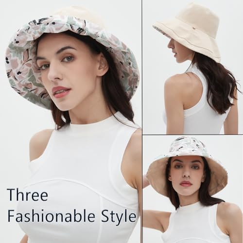 Womens Sun Hats Wide Brim Reversible Bucket Cotton Hat Packable Summer Travel Cap with Hat Clip