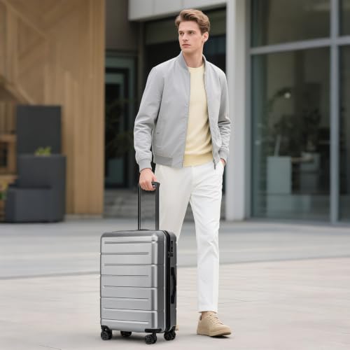 24 Inch Luggage TSA Approved Hardshell Suitcases with Spinner Wheels Durable PC+ABS Medium Checked Travel Luggage for Women Men Silver Grey