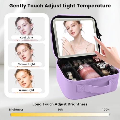 Travel Makeup Bag with LED Mirror and Light Travel Makeup Case Cosmetic Organizer Portable Cosmetic Brush Organizer Bag with Adjustable Dividers for Cosmetics Makeup Brushes Toiletry