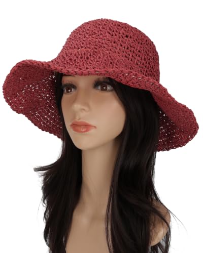 Womens Crochet Straw Sun Hat Foldable Floppy Wide Brim Beach Hat for Summer