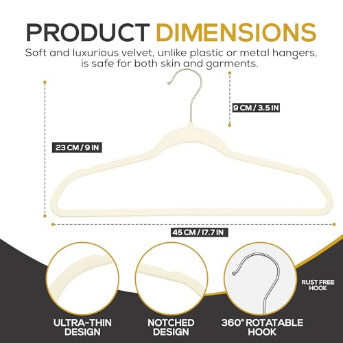 50 Pack New Premium Quality Velvet Hangers Ultra Thin Non Slip Adult Felt Space Saving Hangers for Closet Heavy Duty Coat Pants Jackets Dress Hangers 360° Swivel Hook Hold Upto 10 lbs Ivory (50 Count)