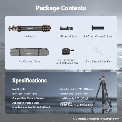 LITETRIP Carbon Fiber Travel Tripod with Pan Tilt Low Profile Ball Head