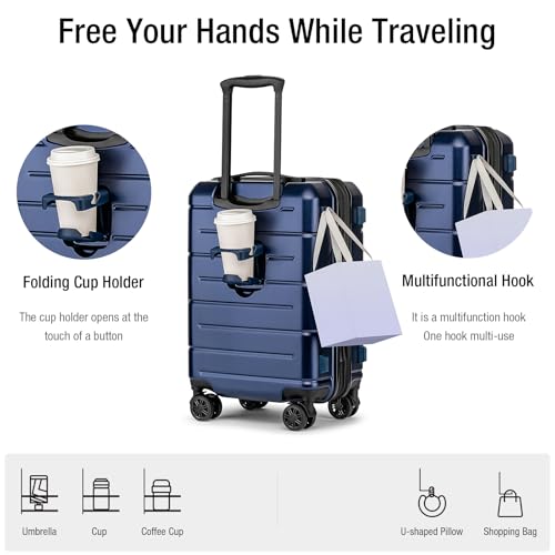 Carry On Luggage 22x14x9 Airline Approved Hardshell 20 Inch Luggage With TSA Lock Carry On Suitcase with Wheels Small Travel Rolling Luggage with Cup Holder for Women Men Navy