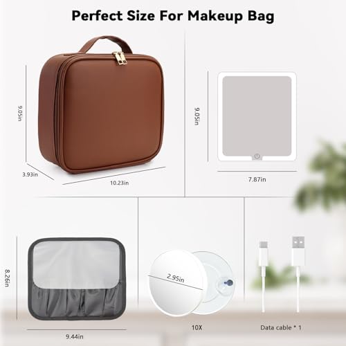 Travel Makeup Bag with LED Mirror and 10x magnifying glass with 3 Lighted Settings