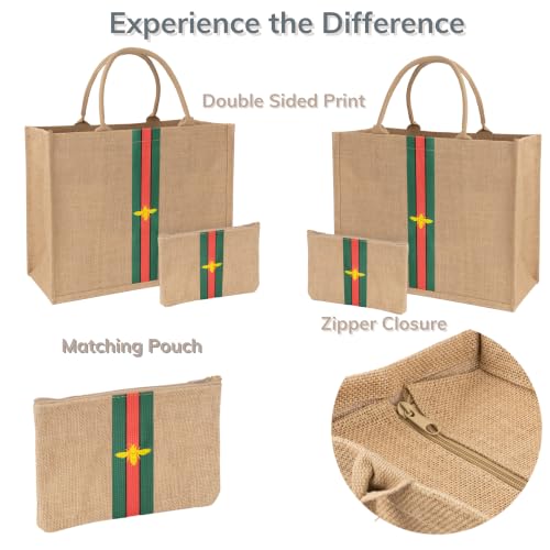 Large Beach Bag Jute Woven Red and Green and Black Stripe