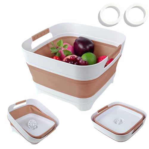 2.6 Gal(10L) Collapsible Wash Basin for Baby Bottles, Space-Saving Collapsible Dish Basin with Drain Plug for Bottle Washing, Collapsible Bucket for RV Kitchen Essentials (Brown)