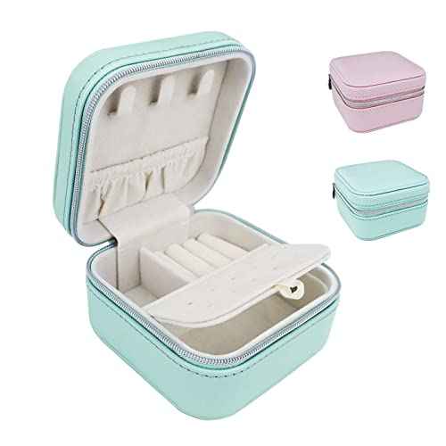 2 Pack】 PU Leather Travel Small Portable Mini Travel Jewelry Organizer for Rings Necklaces Earrings and Lipstick Green and Pink (2 Count)