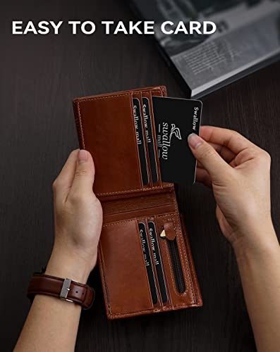 Wallet for Men RFID Blocking Genuine Leather Mens Wallets Bifold with 1 ID Window 15 Card Slots redbrown