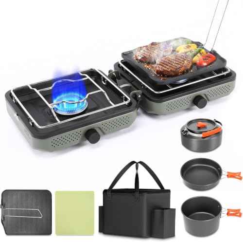 Camping Stove 2 Burner Foldable Propane Camping Stove with Cookware