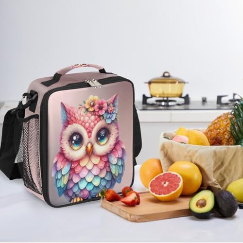 Cute Pink Owl Kids Lunch Box for Girls Boys Reusable Insulated Lunch Bag for Kids Toddler Thermal Cooler Spacious Lunchbox with Shoulder Strap Lunchbag for School Work Picnic (A06:owl)