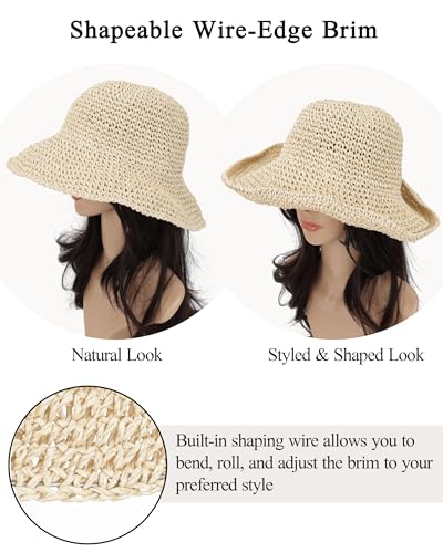Womens Crochet Straw Sun Hat Foldable Floppy Wide Brim Beach Hat for Summer
