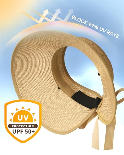 Women's Straw Sun Visor Hat UPF Wide Shade Ponytail Summer Hat