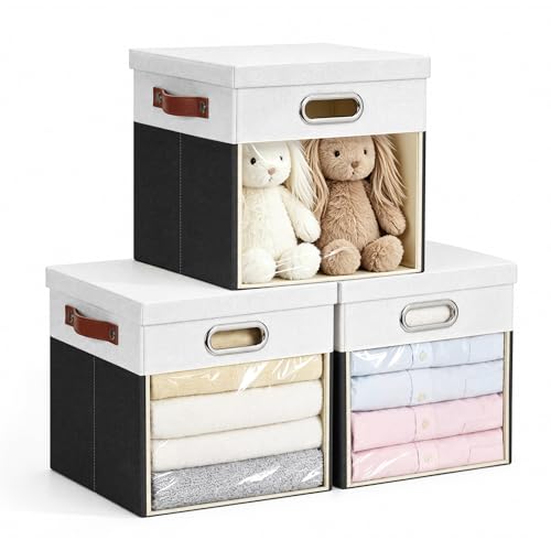 13x13 Inch Ultra Thick Fabric Storage Bins with Lids & Windows (3 Count)