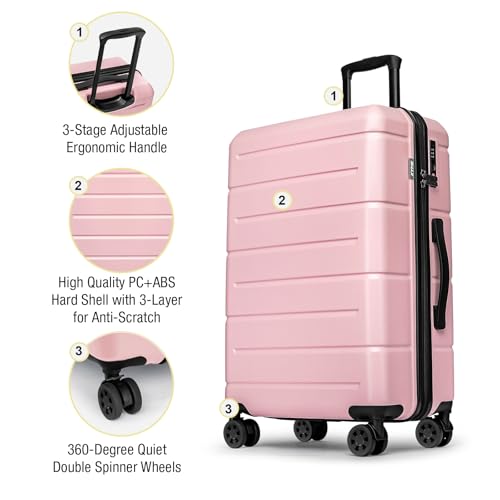 24 Inch Luggage TSA Approved Hardshell Suitcases with Spinner Wheels Durable PC+ABS Medium Checked Travel Luggage for Women Men Lt Purple