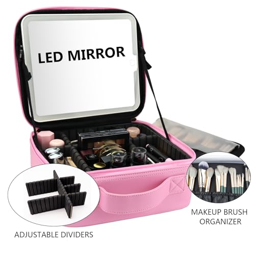 Travel Makeup Bag with LED Mirror Travel Makeup Organizer with 3 Lighted Settings