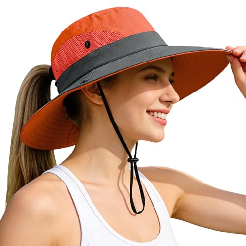 Ponytail Sun Bucket Hats for Women UV Protection Foldable Wide Brim