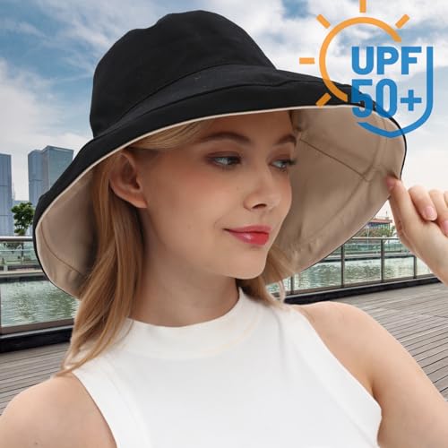 Womens Sun Hats Wide Brim Reversible Bucket Cotton Hat Packable Summer Travel Cap with Hat Clip