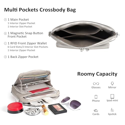Real Leather Crossbody Bags for Women Travel Wallet Purse Light Grey