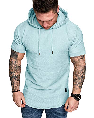 Mens Fashion Hoodies Sport Pullover Solid Color Shirt Workout Lightweight Tops Sky Blue