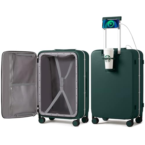Large Checked Luggage with Cup Phone Holder and Charger Hard Shell Suitcases with Spinner Wheels